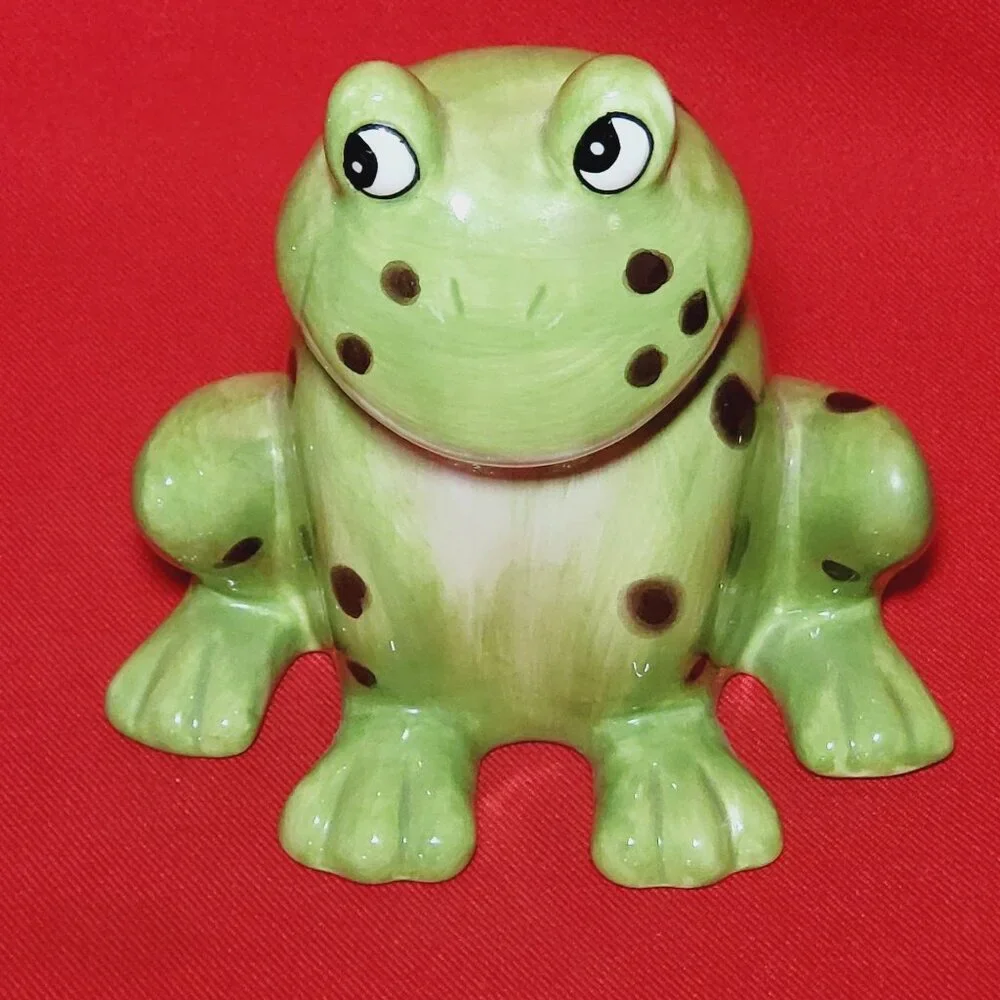 Tooth Brush Stand Frog Figurine 3 Hole Green Ceramic Hand Painted